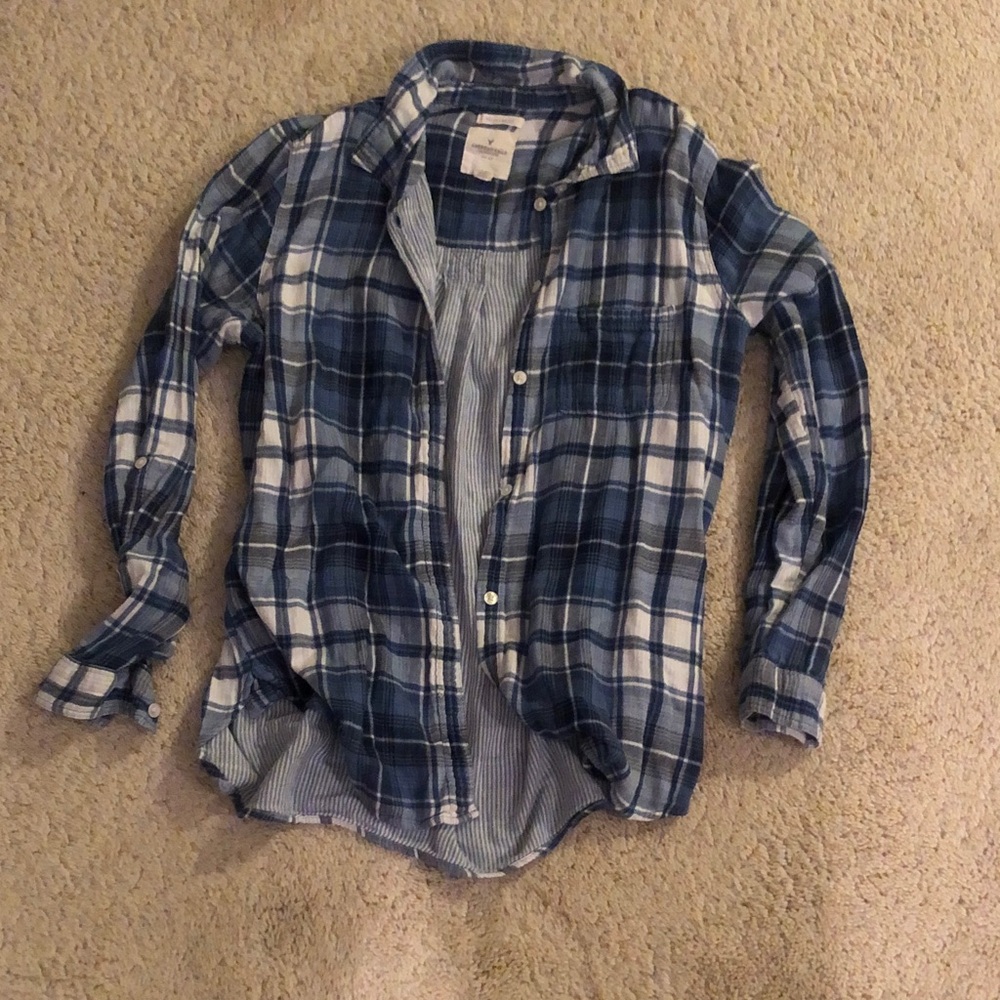 Blue and white coastal button up
